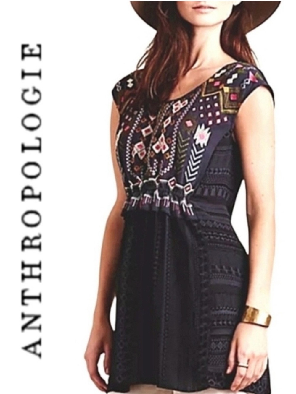Anthropologie one September barranco Embroidered Cap-Sleeve mini dress/tunic XS
